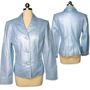 Vintage 90s BP Metallic Blue Leather Jacket Medium Blazer Y2K Nordstrom Clueless